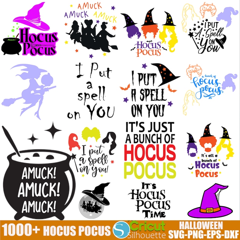 May include: A collection of 1000+ Hocus Pocus themed SVG, PNG, EPS, and DXF files for crafting and design. The images feature witches, cauldrons, and the text "Hocus Pocus" in various styles and colors.