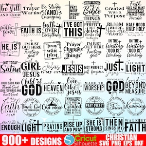 Puede incluir: Una colecci&oacute;n de 25 dise&ntilde;os SVG de tem&aacute;tica cristiana en blanco y negro con citas y frases inspiradoras. Los dise&ntilde;os incluyen frases como "La fe es esencial", "Amar como Jes&uacute;s", "Reza por ello" y "Camina por la fe".
