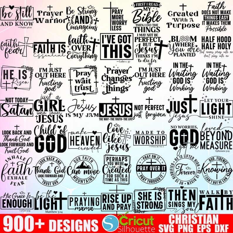 Puede incluir: Una colecci&oacute;n de 25 dise&ntilde;os SVG de tem&aacute;tica cristiana en blanco y negro con citas y frases inspiradoras. Los dise&ntilde;os incluyen frases como "La fe es esencial", "Amar como Jes&uacute;s", "Reza por ello" y "Camina por la fe".