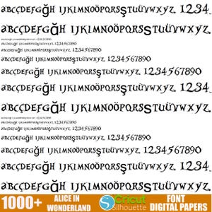Peut inclure: Un tableau d'alphabet de police avec les lettres A &agrave; Z et les chiffres 1 &agrave; 9. La police est une police noire, stylis&eacute;e et fantaisiste. Le texte "Alice au pays des merveilles" et "1000+" sont &eacute;galement inclus dans l'image.