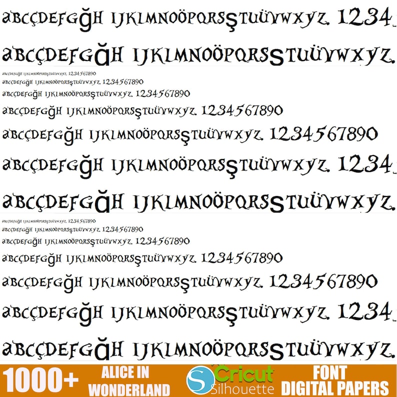 Peut inclure: Un tableau d'alphabet de police avec les lettres A &agrave; Z et les chiffres 1 &agrave; 9. La police est une police noire, stylis&eacute;e et fantaisiste. Le texte "Alice au pays des merveilles" et "1000+" sont &eacute;galement inclus dans l'image.