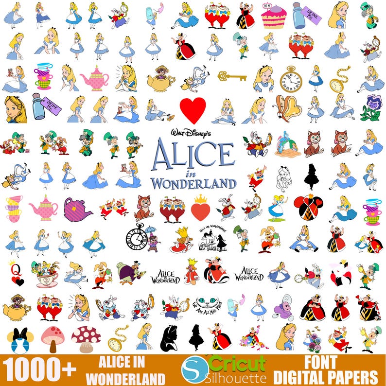 Peut inclure: Un ensemble de clipart num&eacute;rique comprenant plus de 1000 images de personnages et d'objets du film Disney Alice au pays des merveilles. Les images incluent Alice, le Chapelier fou, la Reine de c&oelig;ur, le Chat du Cheshire et bien d'autres. Les images sont dans une vari&eacute;t&eacute; de couleurs et de styles, et sont parfaites pour une utilisation dans des projets d'artisanat, du scrapbooking et plus encore.