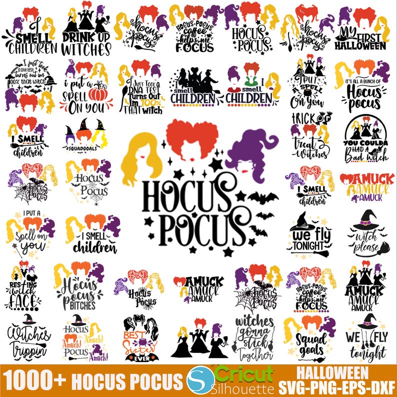 May include: A collection of 30 Halloween-themed SVG cut files featuring the Sanderson sisters from the movie Hocus Pocus. The designs include various quotes and phrases such as "I smell children", "Hocus Pocus", "Drink Up Witches", and "Squad Goals".