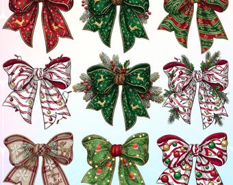 Weihnachtsschleifen-Clipart (PNG), Festtagsschleifen-Set, rot-grüne Weihnachtsschleifen, Sublimation, Aufkleber, Scrapbooking, Procreate, Basteldateien