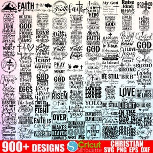 Puede incluir: Una colecci&oacute;n de 36 dise&ntilde;os SVG de tem&aacute;tica cristiana en blanco y negro. Los dise&ntilde;os presentan varias citas y frases inspiradoras, que incluyen "Fe", "Amor", "Jes&uacute;s" y "Dios".