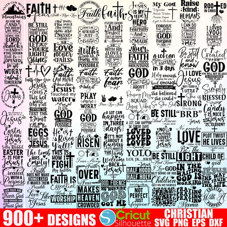 Puede incluir: Una colecci&oacute;n de 36 dise&ntilde;os SVG de tem&aacute;tica cristiana en blanco y negro. Los dise&ntilde;os presentan varias citas y frases inspiradoras, que incluyen "Fe", "Amor", "Jes&uacute;s" y "Dios".