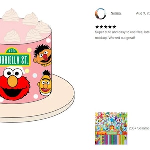 K&ouml;nnte beinhalten: Ein rosa Kuchen mit wei&szlig;em Frosting und einem Design zum Thema Sesamstra&szlig;e. Der Kuchen ist mit Bildern von Big Bird, Elmo, Cookie Monster und Bert verziert. Der Kuchen steht auf einem wei&szlig;en Teller. Der Text auf dem Kuchen lautet "123 Aubriella St."