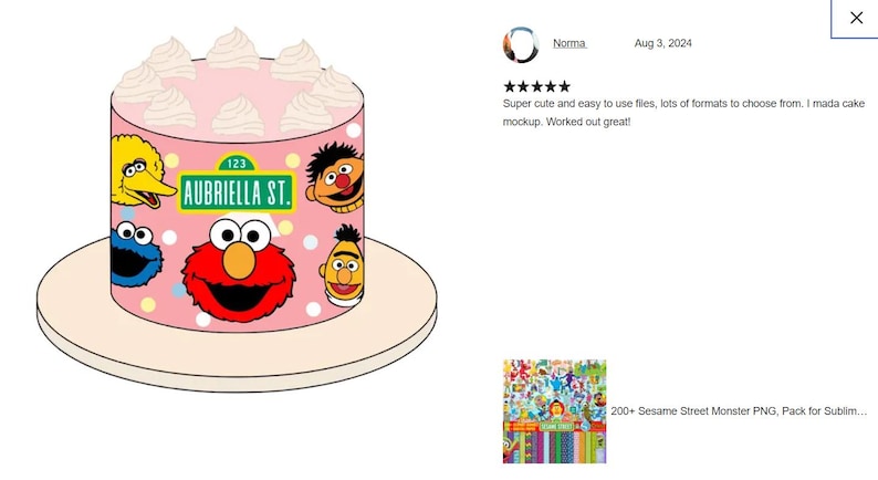 K&ouml;nnte beinhalten: Ein rosa Kuchen mit wei&szlig;em Frosting und einem Design zum Thema Sesamstra&szlig;e. Der Kuchen ist mit Bildern von Big Bird, Elmo, Cookie Monster und Bert verziert. Der Kuchen steht auf einem wei&szlig;en Teller. Der Text auf dem Kuchen lautet "123 Aubriella St."