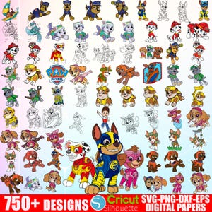 May include: A collection of digital designs featuring characters from the animated series Paw Patrol. The image includes various poses and styles of the characters, in both color and line art. Text at the bottom reads "750+ DESIGNS" and "SVG-PNG-DXF-EPS DIGITAL PAPERS".
