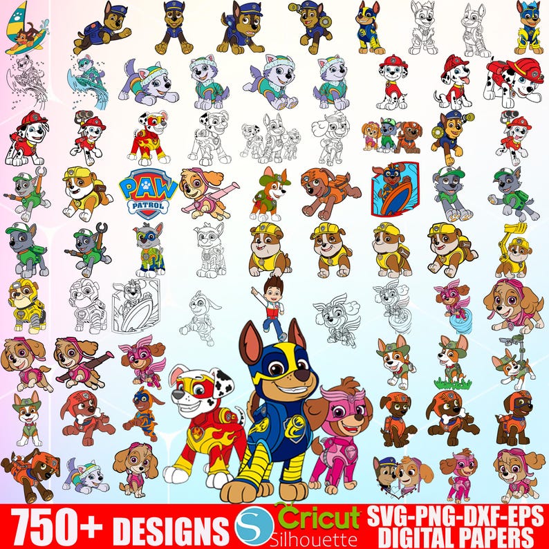 May include: A collection of digital designs featuring characters from the animated series Paw Patrol. The image includes various poses and styles of the characters, in both color and line art. Text at the bottom reads "750+ DESIGNS" and "SVG-PNG-DXF-EPS DIGITAL PAPERS".