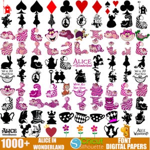 Peut inclure: Une collection de plus de 1000 papiers num&eacute;riques et fichiers de d&eacute;coupe SVG sur le th&egrave;me d'Alice au pays des merveilles. Les images comprennent des personnages comme le Chat du Cheshire, le Chapelier fou et la Reine de c&oelig;ur, ainsi que des symboles embl&eacute;matiques comme des cartes &agrave; jouer, des tasses &agrave; th&eacute; et la phrase "We're All Mad Here".