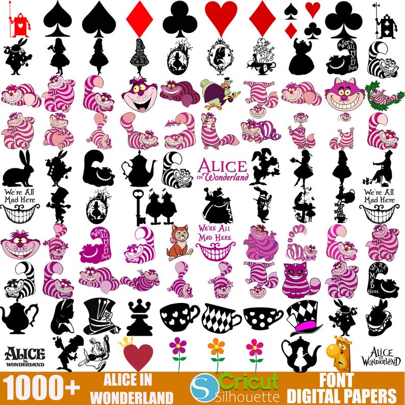 Peut inclure: Une collection de plus de 1000 papiers num&eacute;riques et fichiers de d&eacute;coupe SVG sur le th&egrave;me d'Alice au pays des merveilles. Les images comprennent des personnages comme le Chat du Cheshire, le Chapelier fou et la Reine de c&oelig;ur, ainsi que des symboles embl&eacute;matiques comme des cartes &agrave; jouer, des tasses &agrave; th&eacute; et la phrase "We're All Mad Here".