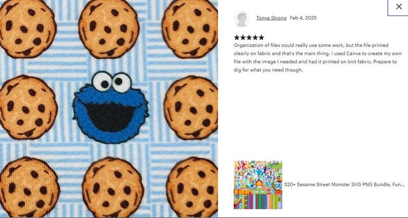 K&ouml;nnte beinhalten: Blauer Sesamstra&szlig;e-Charakter Cookie Monster auf wei&szlig;em Hintergrund mit blau-wei&szlig;em Streifenmuster. Der Hintergrund ist mit braunen Keksen mit Schokoladenst&uuml;ckchen bedeckt.
