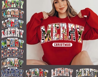 Puede incluir: Una sudadera roja con un gráfico blanco de "Feliz Navidad" que presenta un collage de imágenes de la película Elf. El gráfico está en una fuente grande y en negrita.