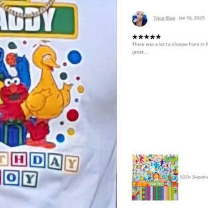 K&ouml;nnte beinhalten: Ein wei&szlig;es T-Shirt mit einem Sesamstra&szlig;e-Motiv. Das Shirt zeigt ein gr&uuml;nes Schild mit der Aufschrift "DADDY" und ein farbenfrohes Design mit Big Bird, Elmo und Cookie Monster. Der Text "of the BIRTHDAY BOY" ist in bunten Bl&ouml;cken unter den Figuren gedruckt.
