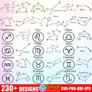 Puede incluir: Un conjunto de 12 ilustraciones de constelaciones del zod&iacute;aco en blanco y negro con el s&iacute;mbolo del zod&iacute;aco correspondiente en un c&iacute;rculo. Las constelaciones est&aacute;n formadas por estrellas conectadas por l&iacute;neas. Los s&iacute;mbolos son Sagitario, Capricornio, Acuario, Piscis, Aries, Tauro, G&eacute;minis, C&aacute;ncer, Leo, Virgo, Libra y Escorpio.