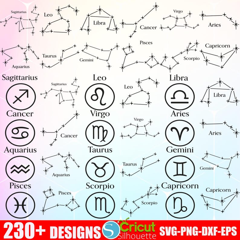 Puede incluir: Un conjunto de 12 ilustraciones de constelaciones del zod&iacute;aco en blanco y negro con el s&iacute;mbolo del zod&iacute;aco correspondiente en un c&iacute;rculo. Las constelaciones est&aacute;n formadas por estrellas conectadas por l&iacute;neas. Los s&iacute;mbolos son Sagitario, Capricornio, Acuario, Piscis, Aries, Tauro, G&eacute;minis, C&aacute;ncer, Leo, Virgo, Libra y Escorpio.