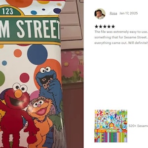 K&ouml;nnte beinhalten: Eine bunte Party-Geschenkt&uuml;te zum Thema Sesamstra&szlig;e mit einem Sesamstra&szlig;en-Schild mit der Aufschrift "123 William Street". Die T&uuml;te zeigt Big Bird, Elmo, Cookie Monster und Abby Cadabby.