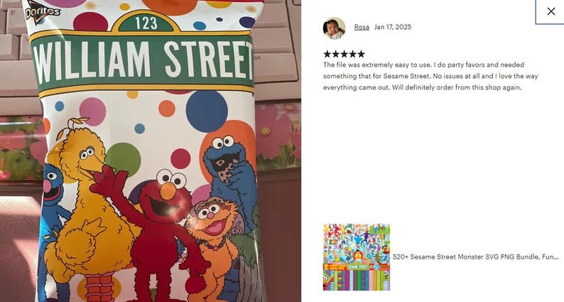K&ouml;nnte beinhalten: Eine bunte Party-Geschenkt&uuml;te zum Thema Sesamstra&szlig;e mit einem Sesamstra&szlig;en-Schild mit der Aufschrift "123 William Street". Die T&uuml;te zeigt Big Bird, Elmo, Cookie Monster und Abby Cadabby.