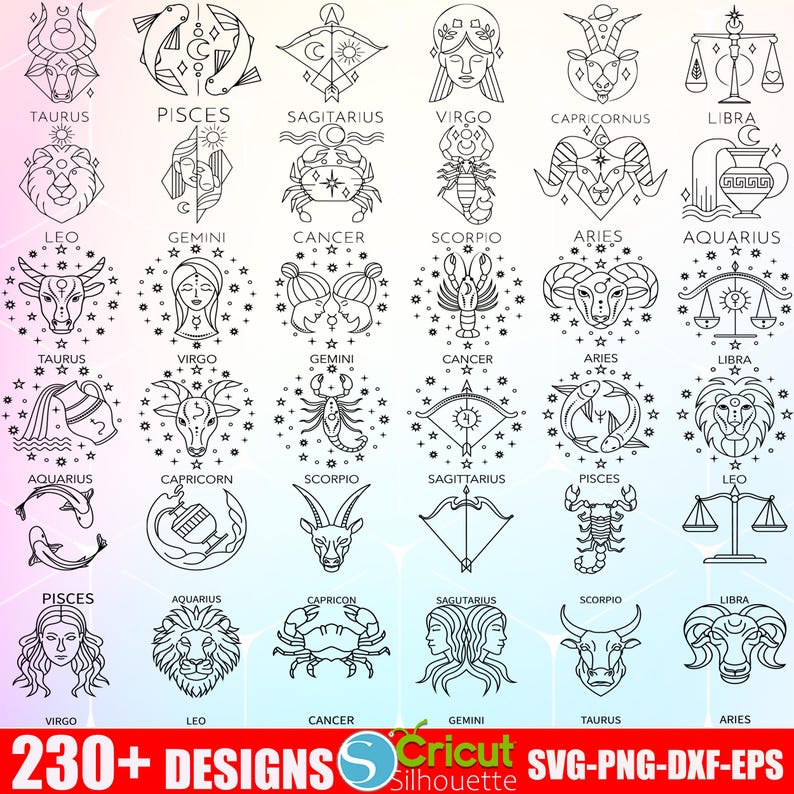 Puede incluir: Un conjunto de 36 ilustraciones en blanco y negro de signos del zod&iacute;aco. Cada signo se representa de forma &uacute;nica y estilizada, con una variedad de s&iacute;mbolos y detalles. Las ilustraciones son perfectas para usar en una variedad de proyectos creativos, como el scrapbooking, la creaci&oacute;n de tarjetas y el dise&ntilde;o digital.