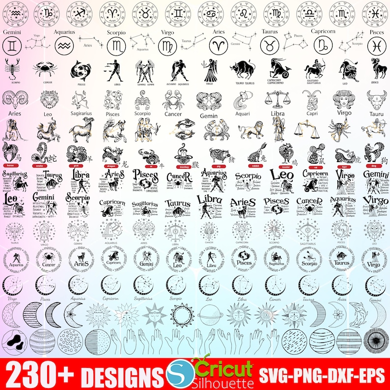 Puede incluir: Una colecci&oacute;n de m&aacute;s de 230 dise&ntilde;os de signos del zod&iacute;aco en blanco y negro. Los dise&ntilde;os incluyen s&iacute;mbolos astrol&oacute;gicos, constelaciones y animales del zod&iacute;aco. Los dise&ntilde;os son perfectos para proyectos de manualidades, scrapbooking y m&aacute;s.