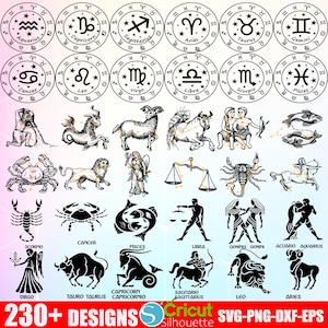 Puede incluir: Un conjunto de 24 ilustraciones de signos del zod&iacute;aco en blanco y negro. Cada signo se representa con un s&iacute;mbolo y una constelaci&oacute;n &uacute;nicos. Los signos incluyen Aries, Tauro, G&eacute;minis, C&aacute;ncer, Leo, Virgo, Libra, Escorpio, Sagitario, Capricornio, Acuario y Piscis.
