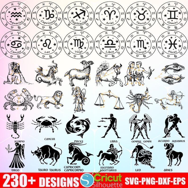 Puede incluir: Un conjunto de 24 ilustraciones de signos del zod&iacute;aco en blanco y negro. Cada signo se representa con un s&iacute;mbolo y una constelaci&oacute;n &uacute;nicos. Los signos incluyen Aries, Tauro, G&eacute;minis, C&aacute;ncer, Leo, Virgo, Libra, Escorpio, Sagitario, Capricornio, Acuario y Piscis.