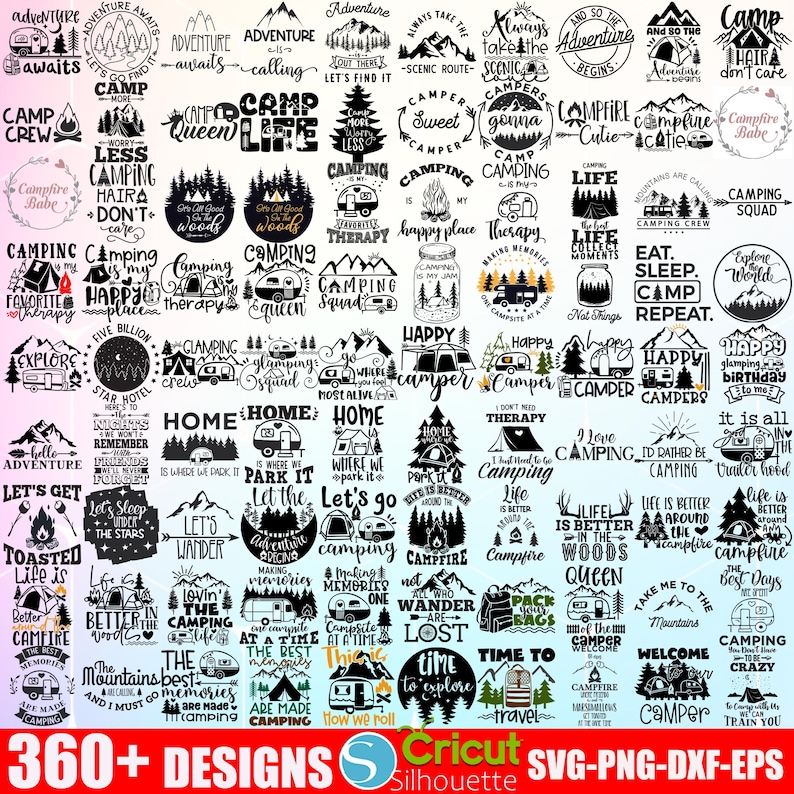 May include: A collection of 64 black and white camping-themed SVG designs. The designs feature various camping-related phrases and images, such as campers, mountains, trees, and campfires. The designs are perfect for creating custom t-shirts, mugs, stickers, and other crafts.