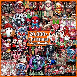 May include: A vibrant collage of Christmas-themed characters and elements. The image features Santa Claus, Mickey and Minnie Mouse, Spider-Man, and other festive figures. Text reads "20,000+ Christmas Mega Bundle". The overall color scheme is bright and cheerful, with a focus on red, green, and white.