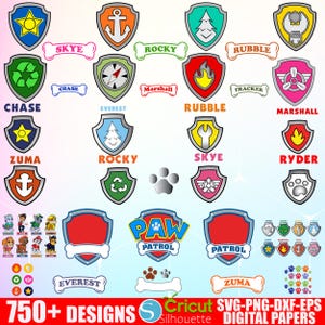 May include: A collection of colorful Paw Patrol-themed digital designs. The image features various shield-shaped badges with different symbols and character names, along with the Paw Patrol logo and text indicating 750+ designs.