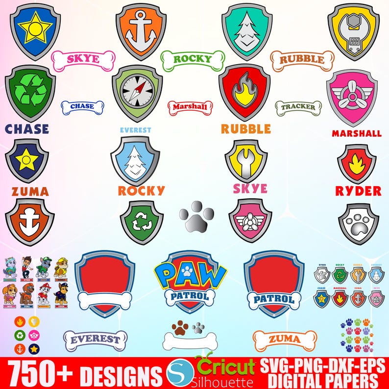 May include: A collection of colorful Paw Patrol-themed digital designs. The image features various shield-shaped badges with different symbols and character names, along with the Paw Patrol logo and text indicating 750+ designs.