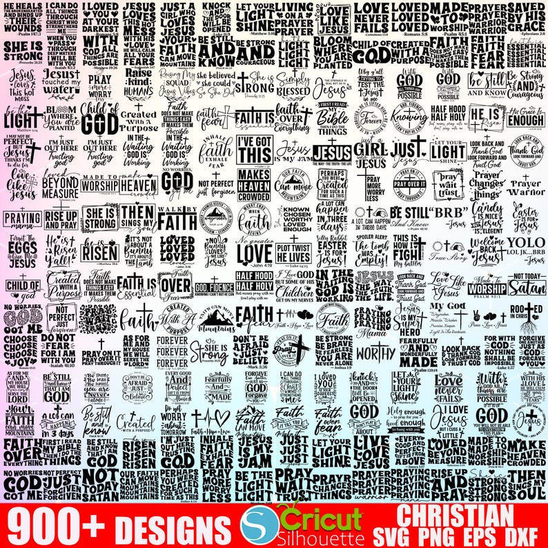 Puede incluir: Un collage en blanco y negro de m&aacute;s de 900 dise&ntilde;os con tem&aacute;tica cristiana que presentan citas y frases inspiradoras. Los dise&ntilde;os son perfectos para proyectos de manualidades, como camisetas, tazas y decoraci&oacute;n del hogar.