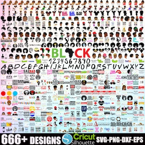 May include: A digital download of 666+ SVG, PNG, DXF, and EPS designs featuring black culture, including phrases, quotes, and images. The designs are ideal for crafting, scrapbooking, and other creative projects.