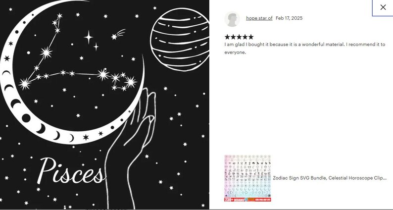 Puede incluir: Ilustraci&oacute;n digital en blanco y negro del signo del zod&iacute;aco Piscis con una luna creciente y estrellas. El texto "Piscis" est&aacute; escrito debajo de la constelaci&oacute;n.