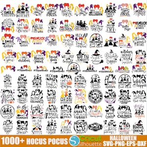 May include: A collection of 1000+ black and white Hocus Pocus themed SVG cut files. The designs feature quotes and images from the movie, including the Sanderson sisters, the spell book, and the iconic phrase "I put a spell on you".