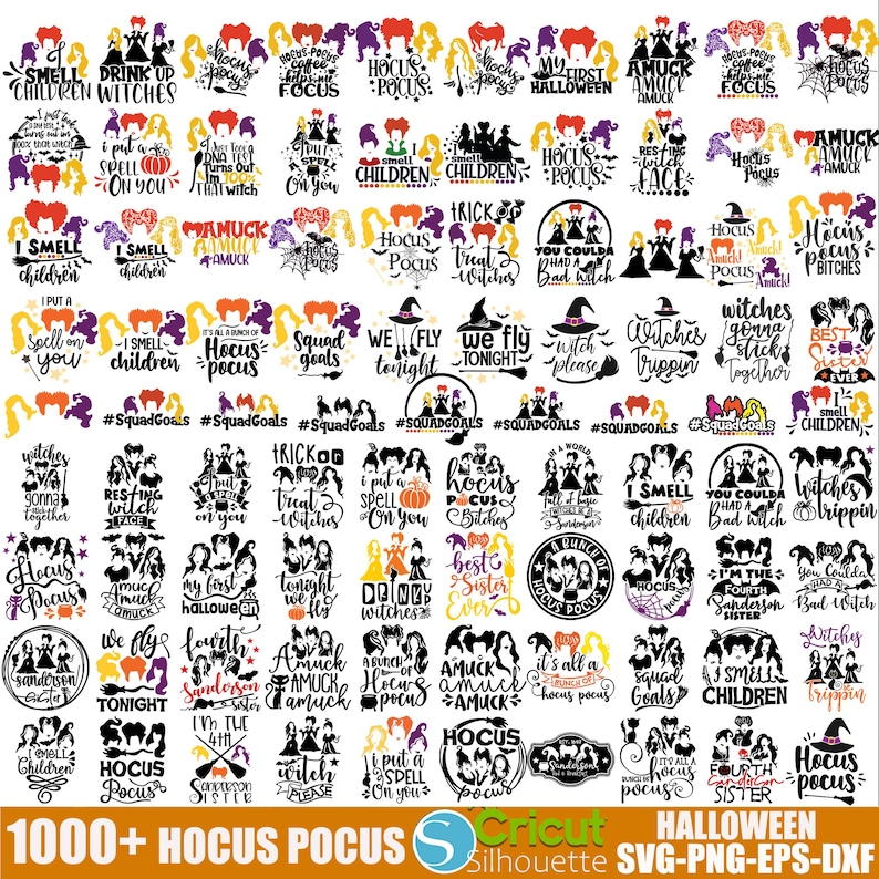 May include: A collection of 1000+ black and white Hocus Pocus themed SVG cut files. The designs feature quotes and images from the movie, including the Sanderson sisters, the spell book, and the iconic phrase "I put a spell on you".