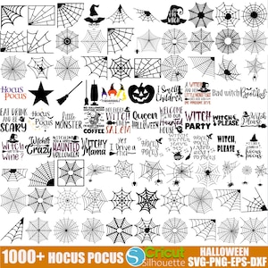 May include: A black and white graphic design set featuring 1000+ Halloween themed images. The images include various spiderwebs, witches, and the text "Hocus Pocus".