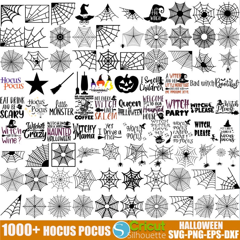 May include: A black and white graphic design set featuring 1000+ Halloween themed images. The images include various spiderwebs, witches, and the text "Hocus Pocus".