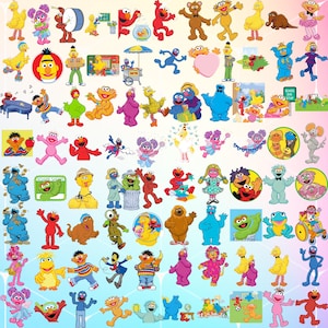 K&ouml;nnte beinhalten: Eine bunte Sammlung von Sesamstra&szlig;e-Charakteren, darunter Big Bird, Elmo, Cookie Monster und Oscar the Grouch. Die Figuren sind in einem Raster auf einem hellblauen und rosafarbenen Hintergrund angeordnet.