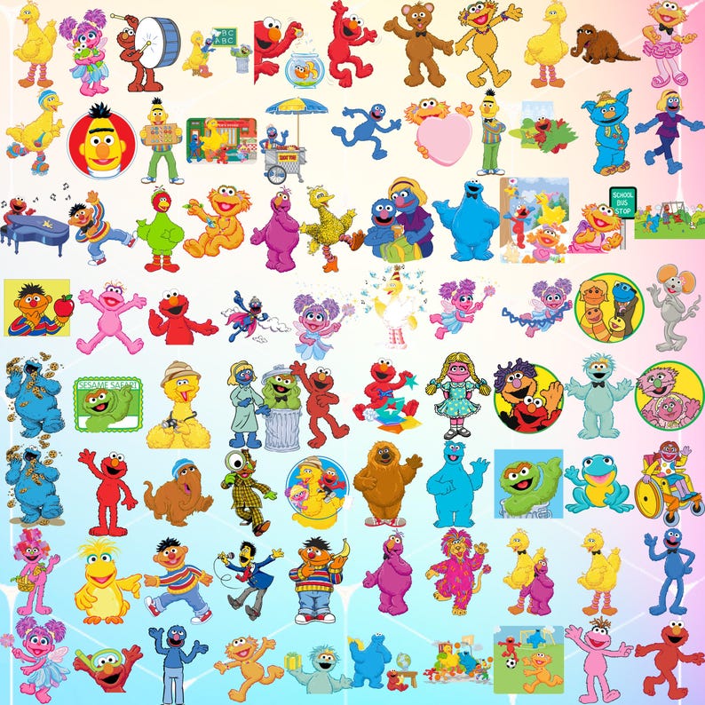 K&ouml;nnte beinhalten: Eine bunte Sammlung von Sesamstra&szlig;e-Charakteren, darunter Big Bird, Elmo, Cookie Monster und Oscar the Grouch. Die Figuren sind in einem Raster auf einem hellblauen und rosafarbenen Hintergrund angeordnet.