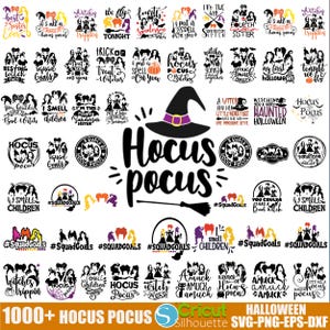 May include: A collection of 1000+ black and white Hocus Pocus themed SVG, PNG, EPS, and DXF files for crafting and design projects. The images feature popular quotes and phrases from the movie, including "I smell children", "Hocus Pocus", "A bunch of Hocus Pocus", and "Amuck, amuck, amuck".