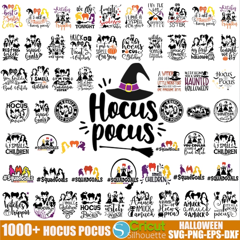 May include: A collection of 1000+ black and white Hocus Pocus themed SVG, PNG, EPS, and DXF files for crafting and design projects. The images feature popular quotes and phrases from the movie, including "I smell children", "Hocus Pocus", "A bunch of Hocus Pocus", and "Amuck, amuck, amuck".