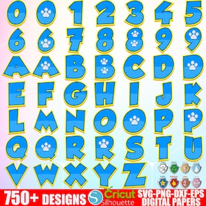 May include: A collection of blue letters and numbers with yellow outlines and paw print details. The image includes the numbers 0-9 and the alphabet, along with the text "750+ DESIGNS" and "SVG-PNG-DXF-EPS DIGITAL PAPERS".