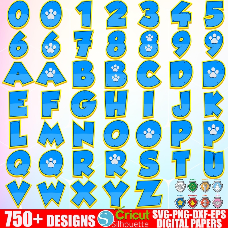 May include: A collection of blue letters and numbers with yellow outlines and paw print details. The image includes the numbers 0-9 and the alphabet, along with the text "750+ DESIGNS" and "SVG-PNG-DXF-EPS DIGITAL PAPERS".