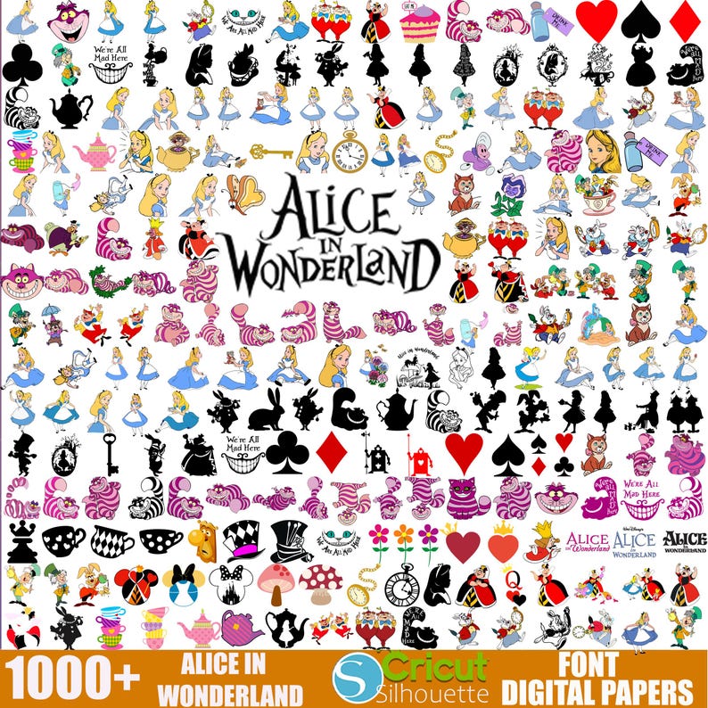 Peut inclure: Un collage num&eacute;rique de plus de 1000 images sur le th&egrave;me d'Alice au pays des merveilles. Les images repr&eacute;sentent des personnages, des objets et des symboles de l'histoire, tels qu'Alice, le Chat du Cheshire, le Chapelier Fou, la Reine de Coeur, des cartes &agrave; jouer, des tasses &agrave; th&eacute; et des horloges. Le texte "Alice au pays des merveilles" est mis en avant au centre du collage.