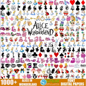 Alice au pays des merveilles SVG Bundle, fleurs et papillons du pays des merveilles, Reine de coeur, tasses à thé PNG - SVG, cartes, Cricut, fichiers de coupe Silhouette