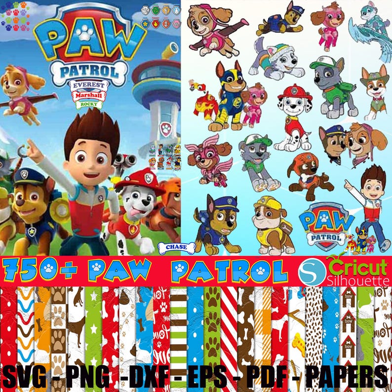May include: A colorful image featuring characters from the animated series "PAW Patrol." The image includes the show's logo, character illustrations, and the text "750+ PAW PATROL." Below are various patterned papers with paw prints and other designs.