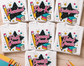 Back To School PNG Bundle, Preschool to Fourth Grade Shirt Designs, School Level Sublimation PNG, Teacher Student PNG Bundle, 7 Designs