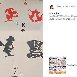 Peut inclure: Un ensemble de cinq fichiers de d&eacute;coupe num&eacute;rique repr&eacute;sentant des personnages d'Alice au pays des merveilles. Les fichiers comprennent une silhouette noire de la Reine de C&oelig;ur, une silhouette rouge du Chapelier Fou, une silhouette noire du Chapelier Fou, une silhouette noire du Chat du Cheshire et une silhouette noire d'Alice. Les fichiers sont &eacute;tiquet&eacute;s avec la lettre "K" et une couleur de carte &agrave; jouer.