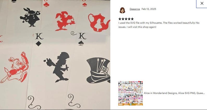 Peut inclure: Un ensemble de cinq fichiers de d&eacute;coupe num&eacute;rique repr&eacute;sentant des personnages d'Alice au pays des merveilles. Les fichiers comprennent une silhouette noire de la Reine de C&oelig;ur, une silhouette rouge du Chapelier Fou, une silhouette noire du Chapelier Fou, une silhouette noire du Chat du Cheshire et une silhouette noire d'Alice. Les fichiers sont &eacute;tiquet&eacute;s avec la lettre "K" et une couleur de carte &agrave; jouer.